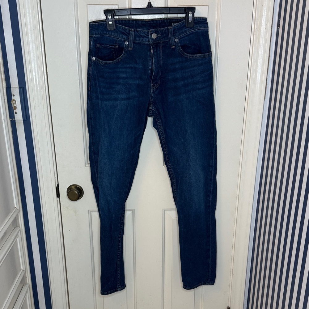 Bonobos Blue Denim Jeans with Tan Leather Patch